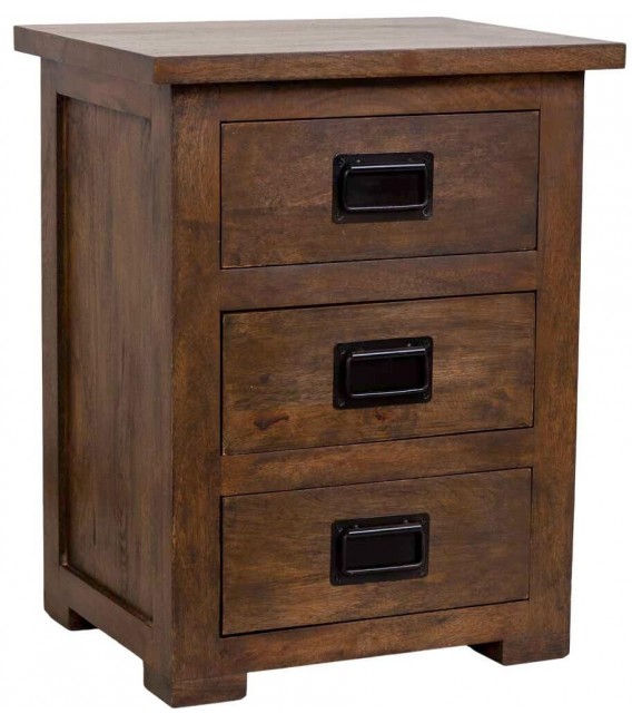 Mesita industrial de madera nogal y metal negro con tres cajones