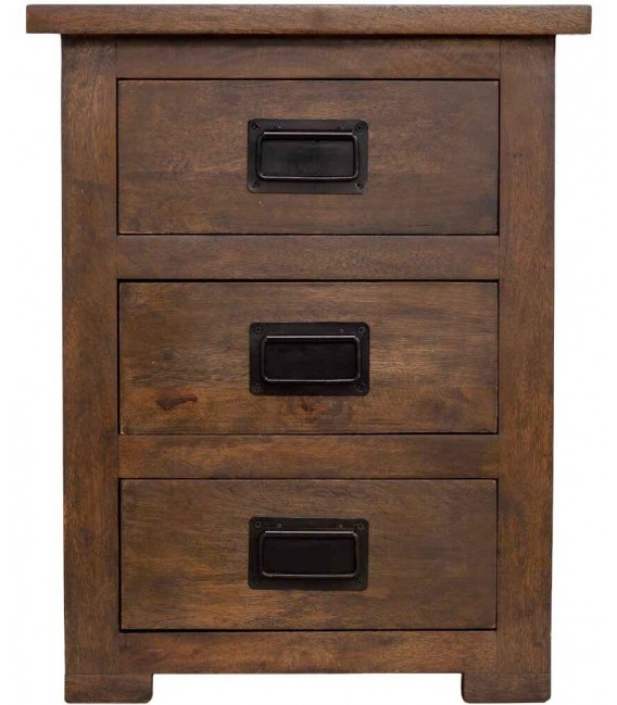 Mesita industrial de madera nogal y metal negro con tres cajones1