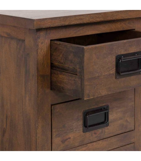 Mesita industrial de madera nogal y metal negro con tres cajones4