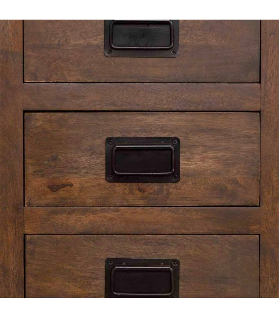 Mesita industrial de madera nogal y metal negro con tres cajones5