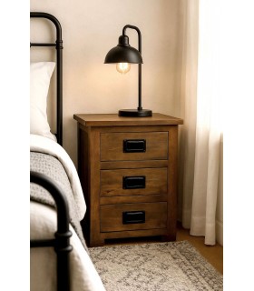 Mesita industrial de madera nogal y metal negro con tres cajones Mdmhogar