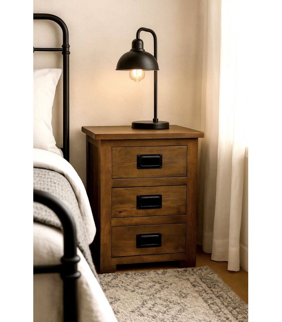 Mesita industrial de madera nogal y metal negro con tres cajones Mdmhogar