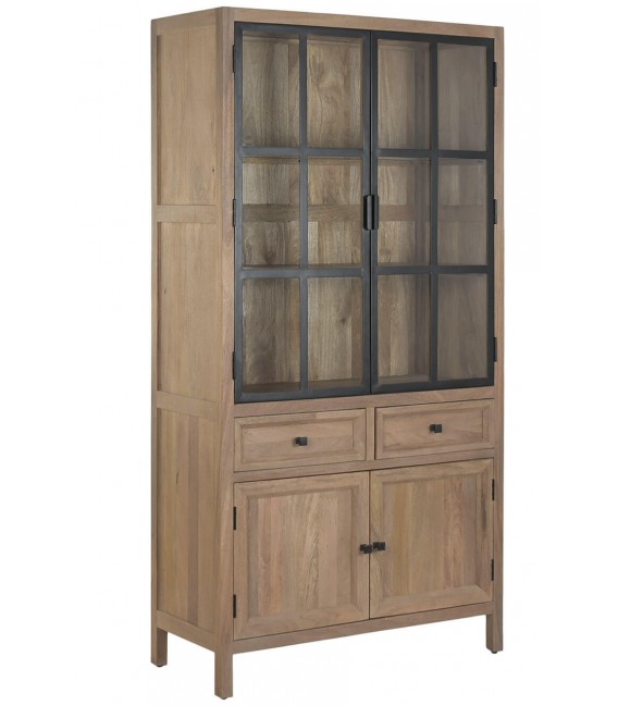 Vitrina industrial de madera natural con cristal y metal