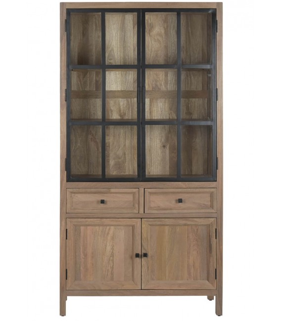 Vitrina industrial de madera natural con cristal y metal1