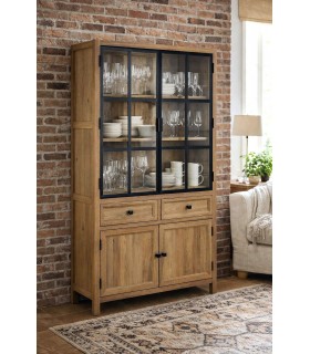 Vitrina industrial de madera natural con cristal y metal Mdmhogar