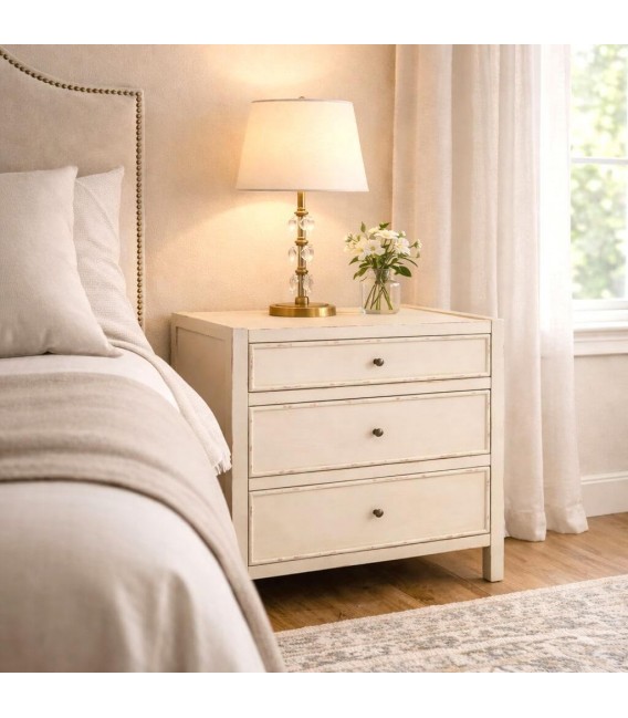 Mesita de noche grande blanca con cajones y tiradores bronce Mdmhogar