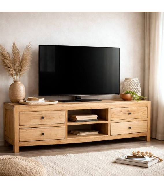 Mueble de TV boho en madera de mindi natural con cajones Mdmhogar