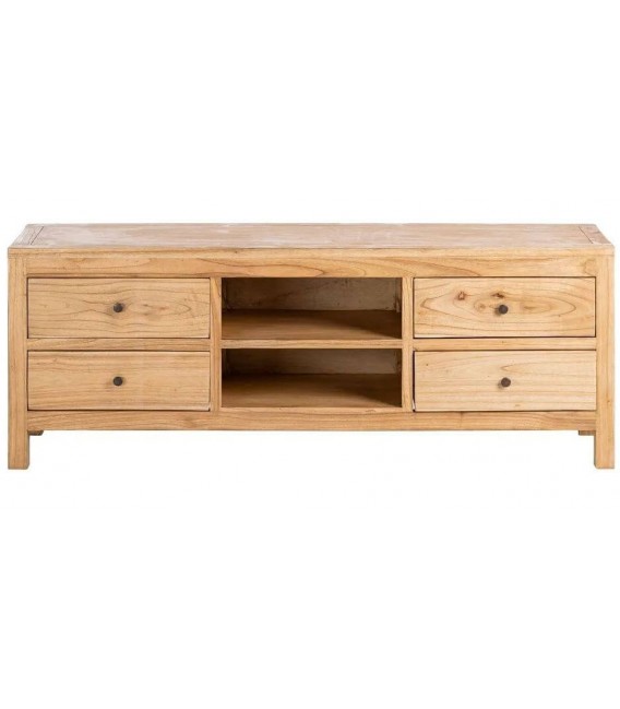 Mueble de TV boho en madera de mindi natural con cajones1