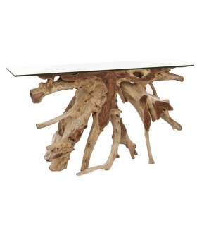 Consola de entrada étnica grande en raíz de teca natural artesanaL