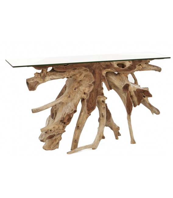 Consola de entrada étnica grande en raíz de teca natural artesanaL