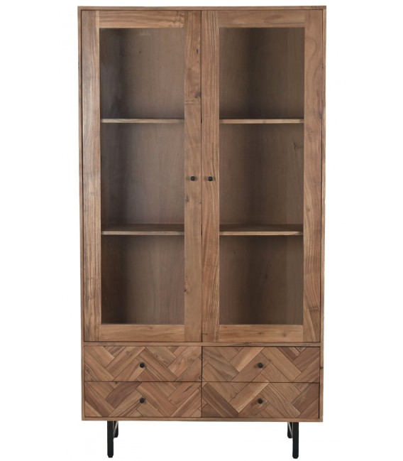 Vitrina industrial de madera maciza de acacia y metal negro alto 1