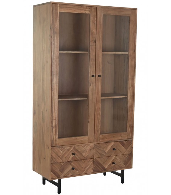 Vitrina industrial de madera maciza de acacia y metal negro alto