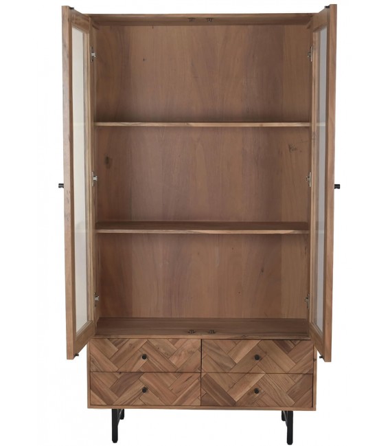 Vitrina industrial de madera maciza de acacia y metal negro alto2