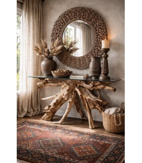 Consola de entrada étnica grande en raíz de teca natural artesanal Mdmhogar