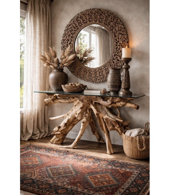 Consola de entrada étnica grande en raíz de teca natural artesanal Mdmhogar