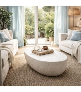Mesa de centro ovalada blanca efecto yeso estilo ibicenco Mdmhogar