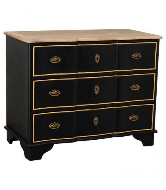 Cómoda neoclásica en madera negra y natural con detalles dorados