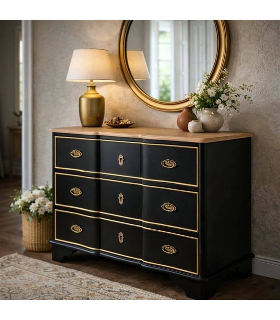 Cómoda neoclásica en madera negra y natural con detalles dorados Mdmhogar