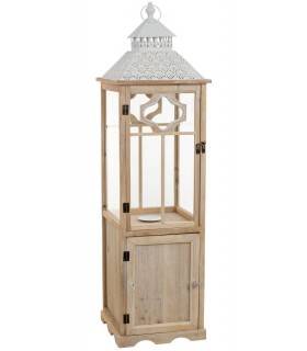 Farol alto clásico de madera natural con cristal y metal blan