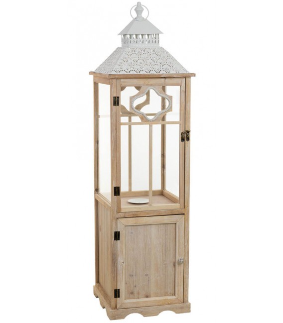 Farol alto clásico de madera natural con cristal y metal blan