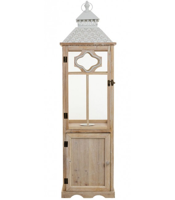 Farol alto clásico de madera natural con cristal y metal blan1