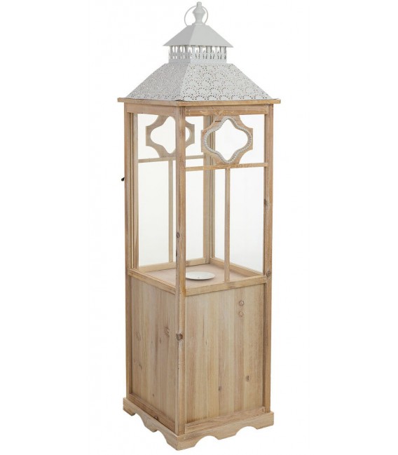 Farol alto clásico de madera natural con cristal y metal blan3