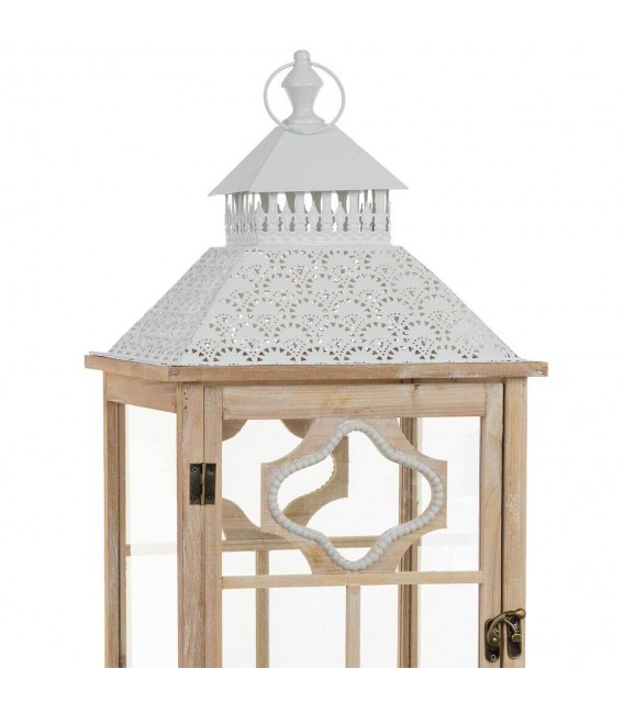 Farol alto clásico de madera natural con cristal y metal blan4