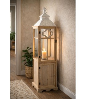 Farol alto clásico de madera natural con cristal y metal blanco Mdmhogar
