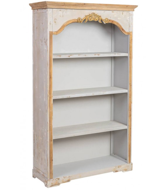 Estantería neoclásica decapada en madera gris con detalles dorados