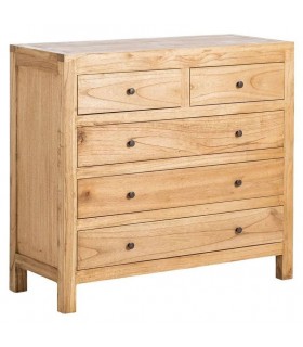Cómoda boho de madera mindi natural clara con cinco cajones