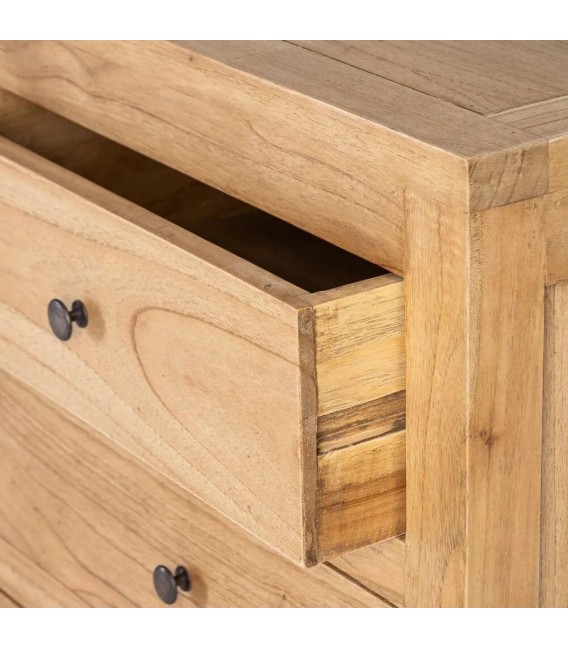 Cómoda boho de madera mindi natural clara con cinco cajones4