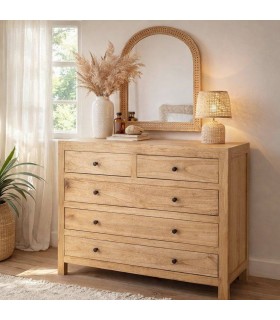 Cómoda boho de madera mindi natural clara con cinco cajones Mdmhogar