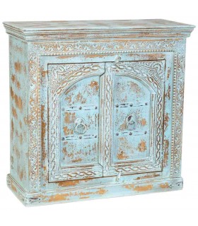 Taquillón étnico turquesa de madera tallada decapada artesanal