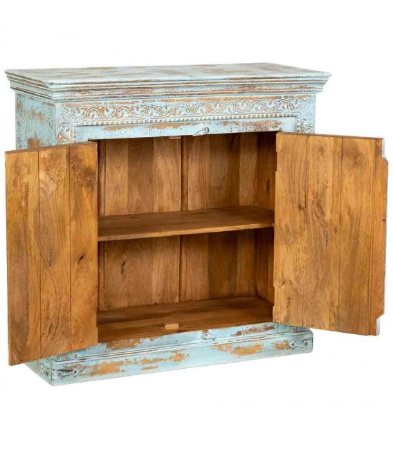 Taquillón étnico turquesa de madera tallada decapada artesanal2