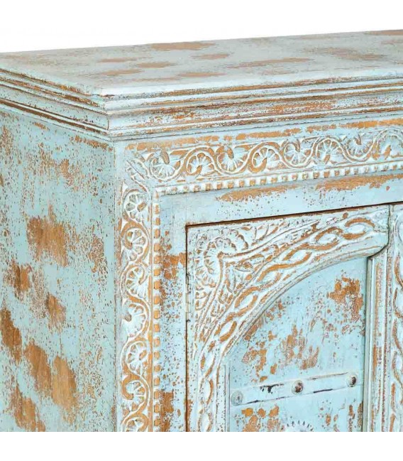 Taquillón étnico turquesa de madera tallada decapada artesanal4