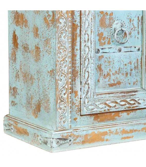 Taquillón étnico turquesa de madera tallada decapada artesanal7