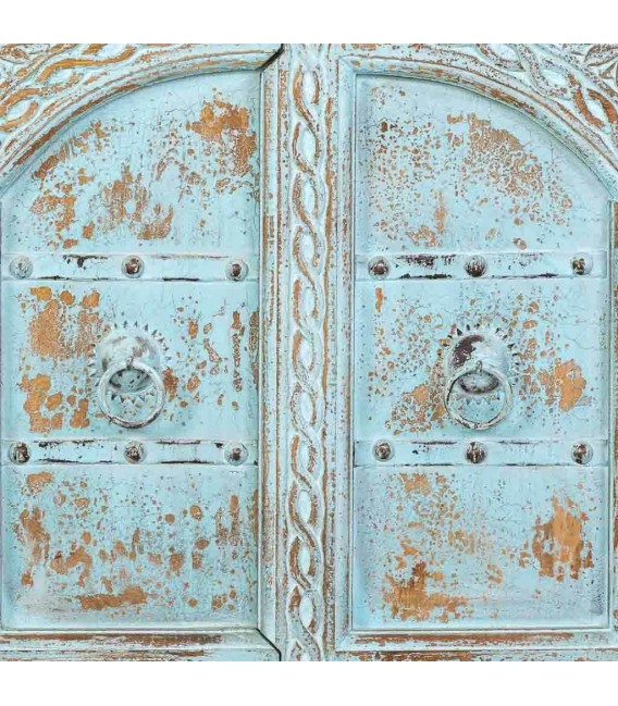 Taquillón étnico turquesa de madera tallada decapada artesanal6