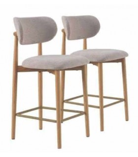 Set 2 taburetes para barra estilo nórdico madera roble chenilla beige
