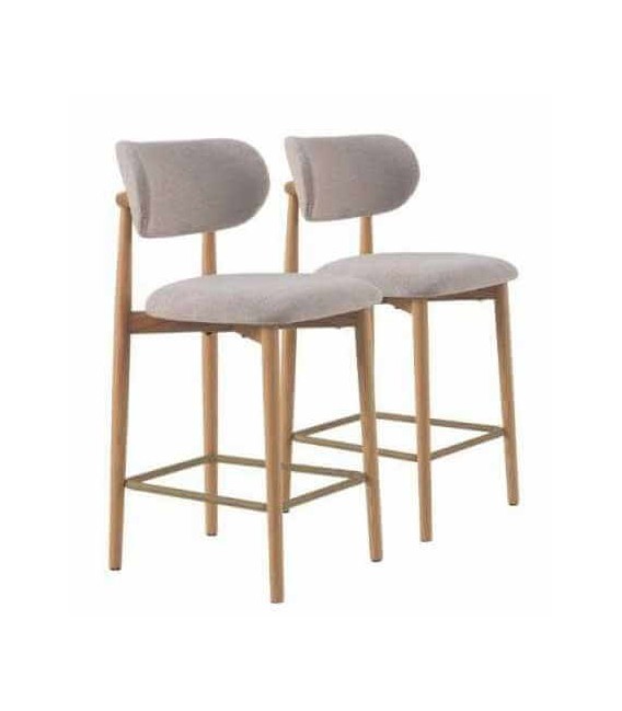 Set 2 taburetes para barra estilo nórdico madera roble chenilla beige