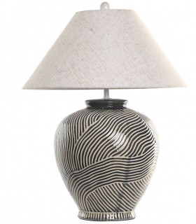 Lámpara sobremesa oriental de cerámica beige y gris con lino1