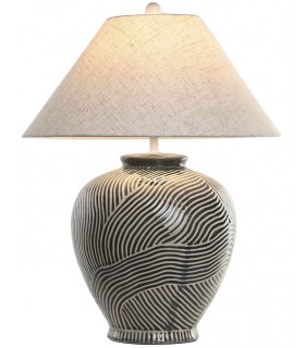 Lámpara sobremesa oriental de cerámica beige y gris con lino