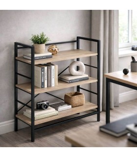 Estantería baja industrial 3 baldas roble natural y metal negro Mdmhogar