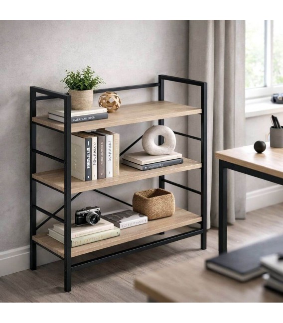 Estantería baja industrial 3 baldas roble natural y metal negro Mdmhogar