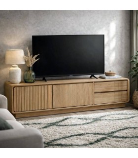 Mueble TV boho de teca natural con dos cajones y puertas Mdmhogar