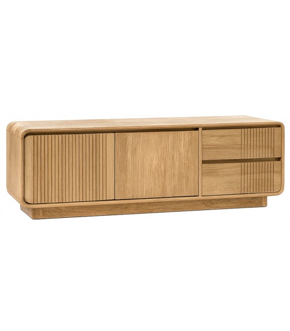 Mueble TV boho de teca natural con dos cajones y puertas