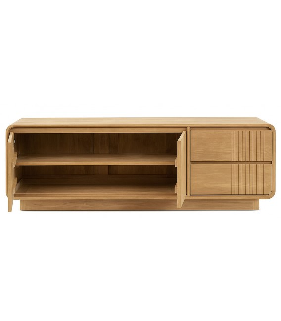 Mueble TV boho de teca natural con dos cajones y puertas3