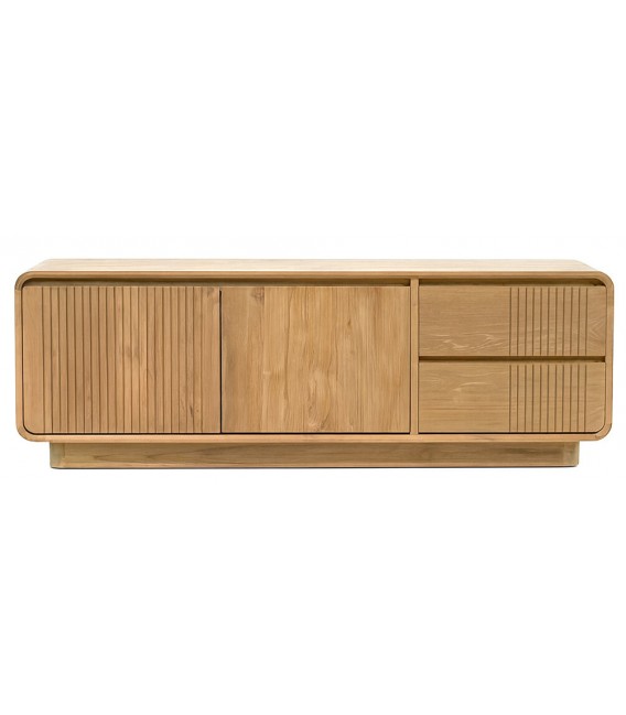 Mueble TV boho de teca natural con dos cajones y puertas1