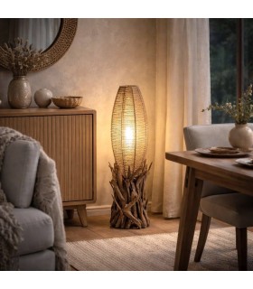 Lámpara de pie baja en raíz de teca y fibra vegetal Mdmhogar