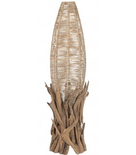 Lámpara de pie baja en raíz de teca y fibra vegetal