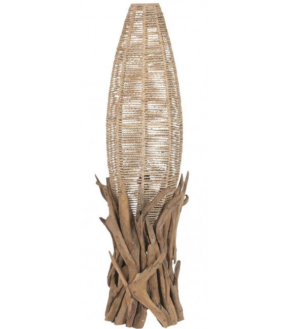 Lámpara de pie baja en raíz de teca y fibra vegetal